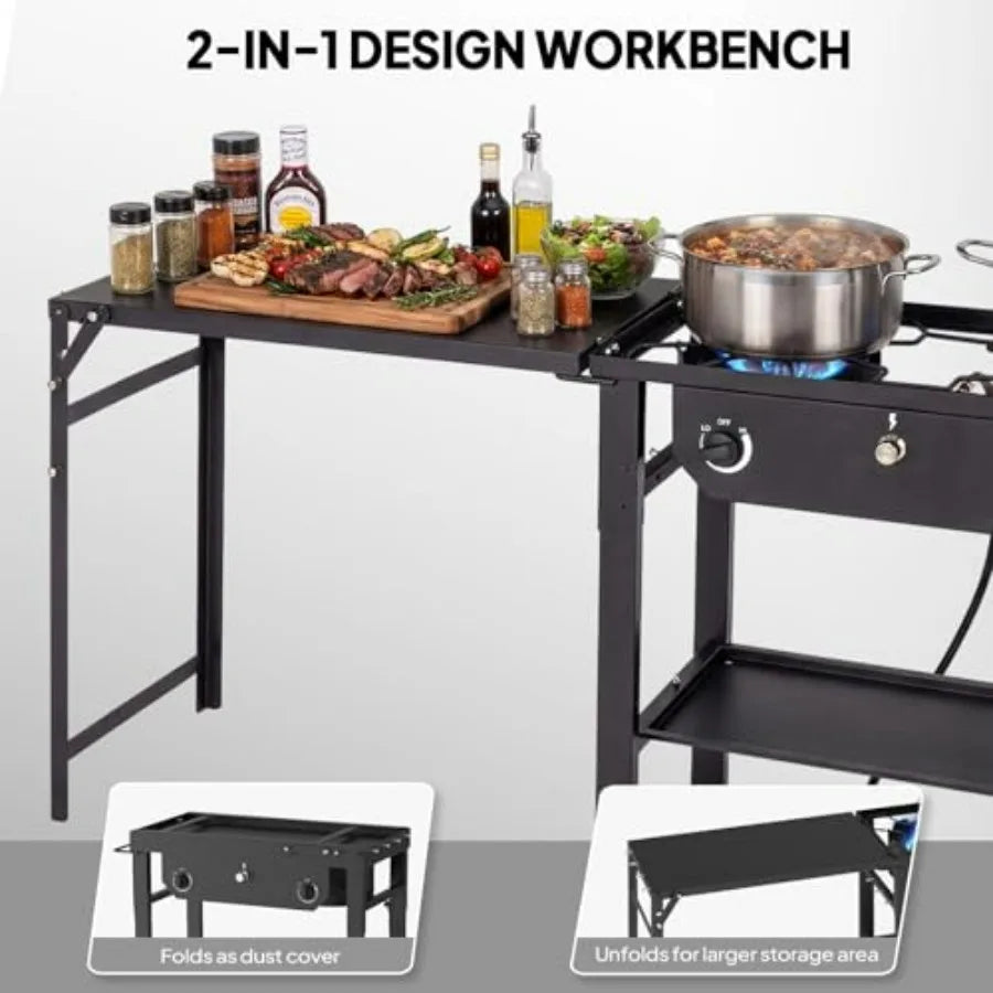 Outdoor propane stove for backyard patio cooking BBQ, stainless steel, black, 150, 000 BTU with auto ignition, work station, wh