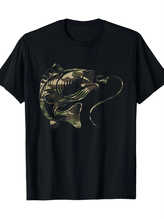 Men's Camo Bass Fishing Graphic T-Shirt - 100% Cotton, Realistic Fish Design, Breathable & Durable for Anglers, Outdoor Activiti