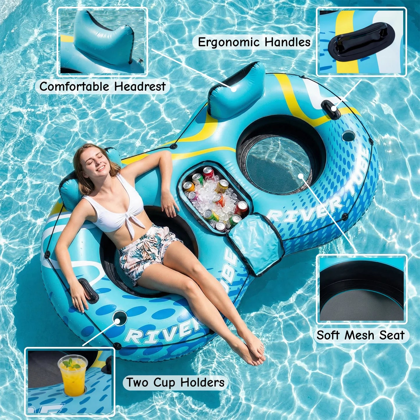 Inflatable River Tubes, Heavy Duty River Raft with Cooler & 2 Cup Holders, Deluxe Pool Float for Lake, Beach, Summer Relaxation