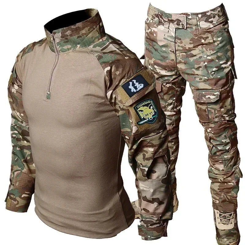 Tactical Combat Tops + Cargo With Caps and Gloves Pants Suit Multiple Training Kits Camo Airsoft Hunting Clothes CP