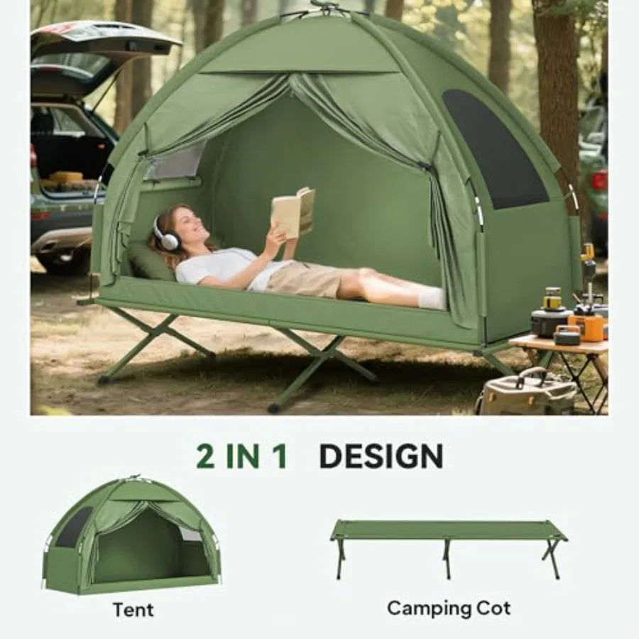 Camping Tent Cot: Off-Ground Single-Person Folding Cot Combo with Waterproof Polyester Tent, Gray/Black, Lightweight Compact fo
