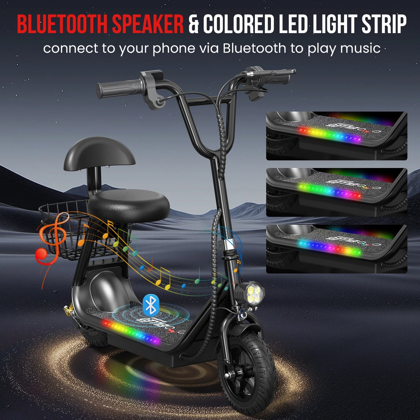 Spacewalk Kids Electric Scooter with Bluetooth Speaker Foldable Design Seat Carry Basket LED Light Strip 11MPH Speed 132lbs Max