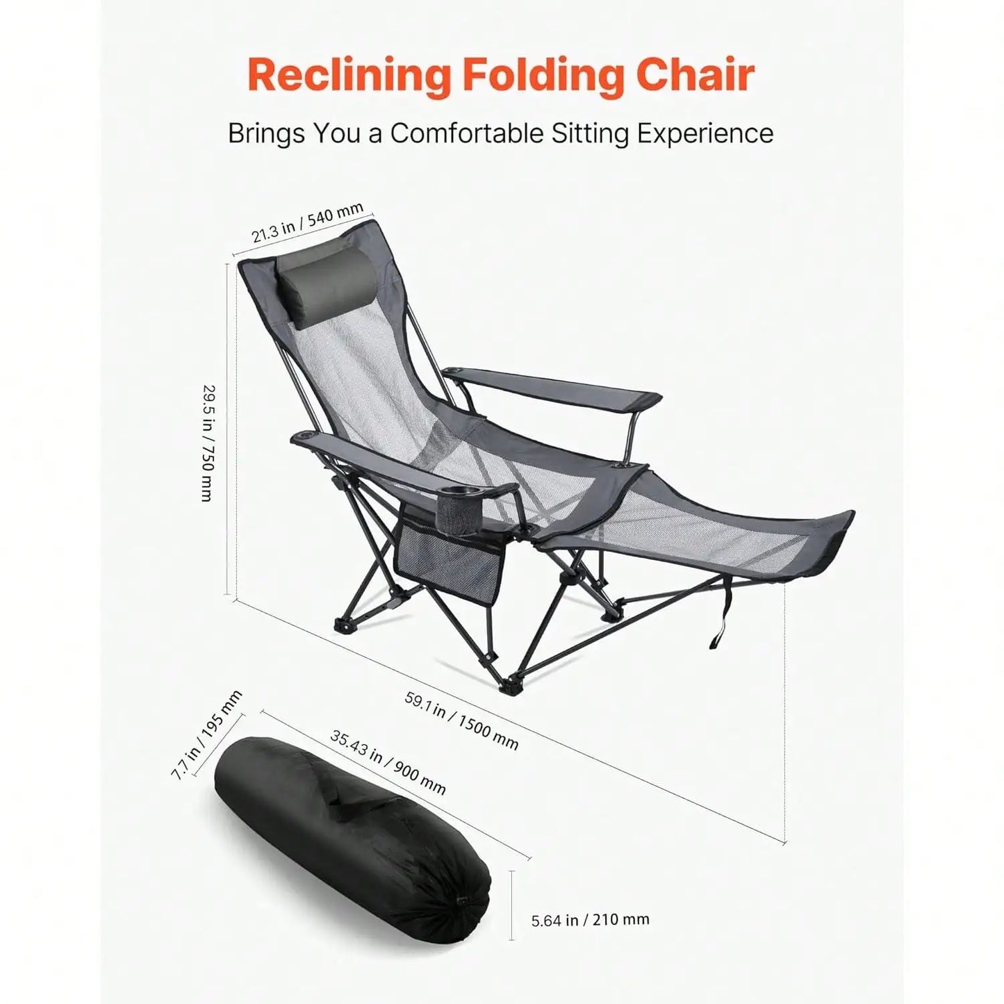 Oaskys 2-In-1 Reclining Camping Chair With Footrest, Portable Folding Lounger For Adults, Mesh Beach Chair With Headrest & Foot