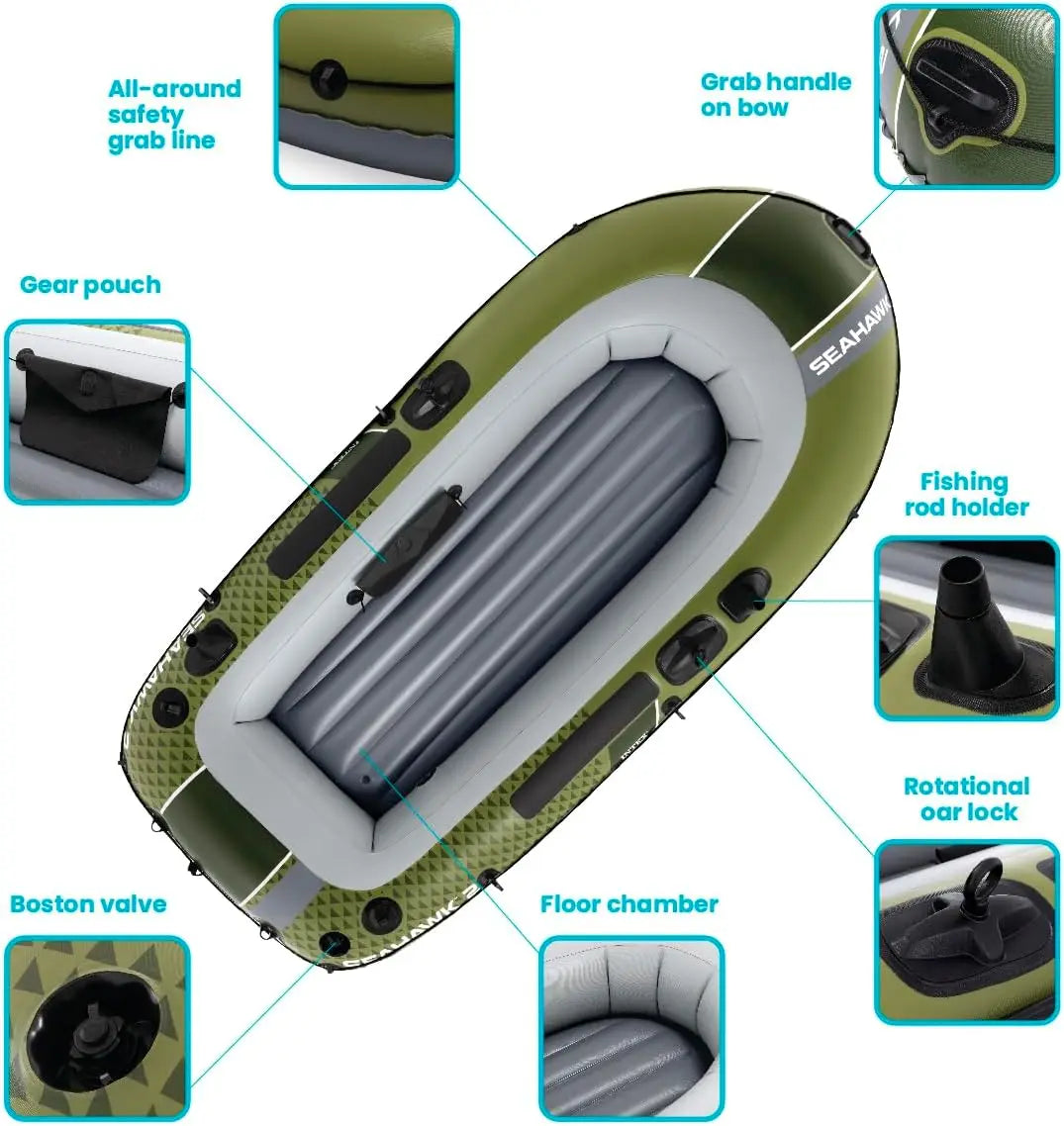 Inflatable Fishing Boat Set with Oars, Pump, Rod Holders & Gear Pouch for 2 Adults