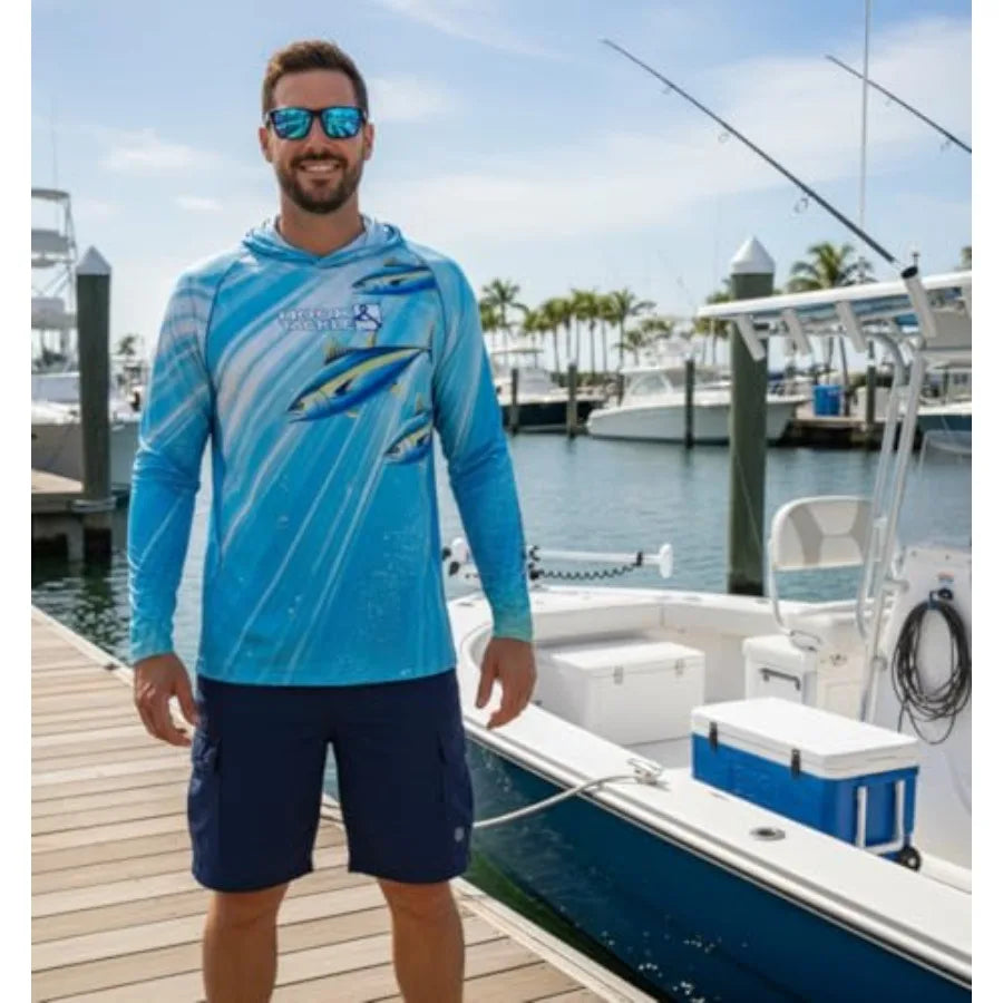 UV protection fishing hoodie gaiter for men, quick-dry polyester, navy blue, sun-safe long sleeve with integrated hood and face