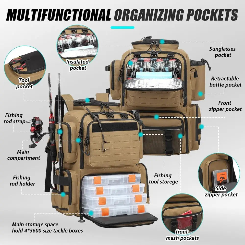 Large 50L Insulated Fishing Backpack with Tackle Boxes, Rod Holders, and Bottle Holders, Durable Brown Storage for Gear