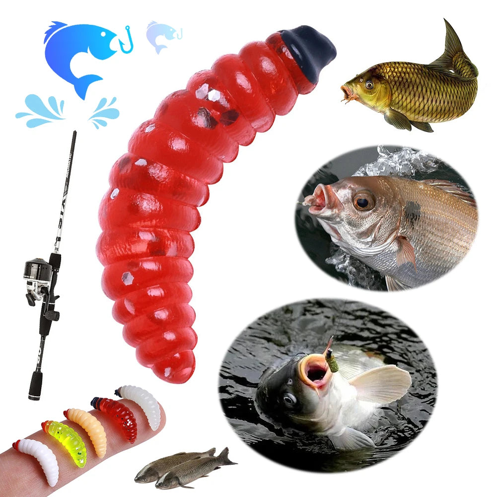 50Pcs 24mm Maggot Grub Soft Fishing Lure Smell Worms Fishing Lures Bionic Maggots Shape Bait for Freshwater Seawater