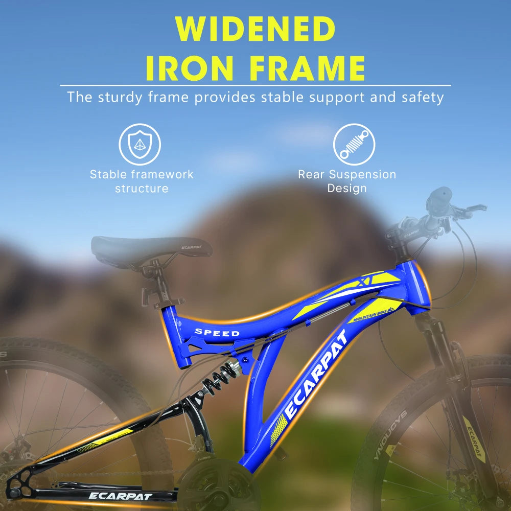 26 Inch Mountain Bike with 21-Speeds & Full Suspension Steel Frame, Alloy Rims, Disc Brakes For All Terrains, Men & Women, Multiple Colors