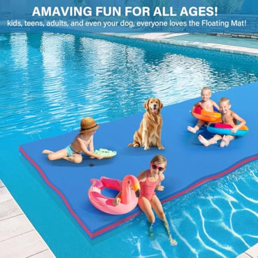 Pool Party Floating Water Mat For Lake Beach Ocean Recreation Heavy-Duty 3-Layer XPE Foam In Blue Extra Large 12 X 5.5 Ft Capac