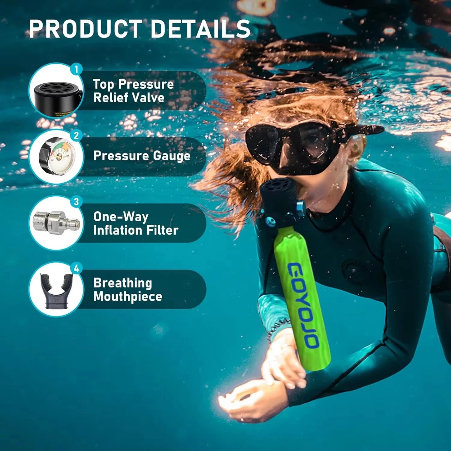 GOYOJO Mini Scuba Tank 0.5L Portable Reusable Diving Tank With  flashlight Emergency Diving Cylinder for Snorkeling, Freediving, Boat Cleaning & Air Backup Lightweight & Compact Design Pony Bottle