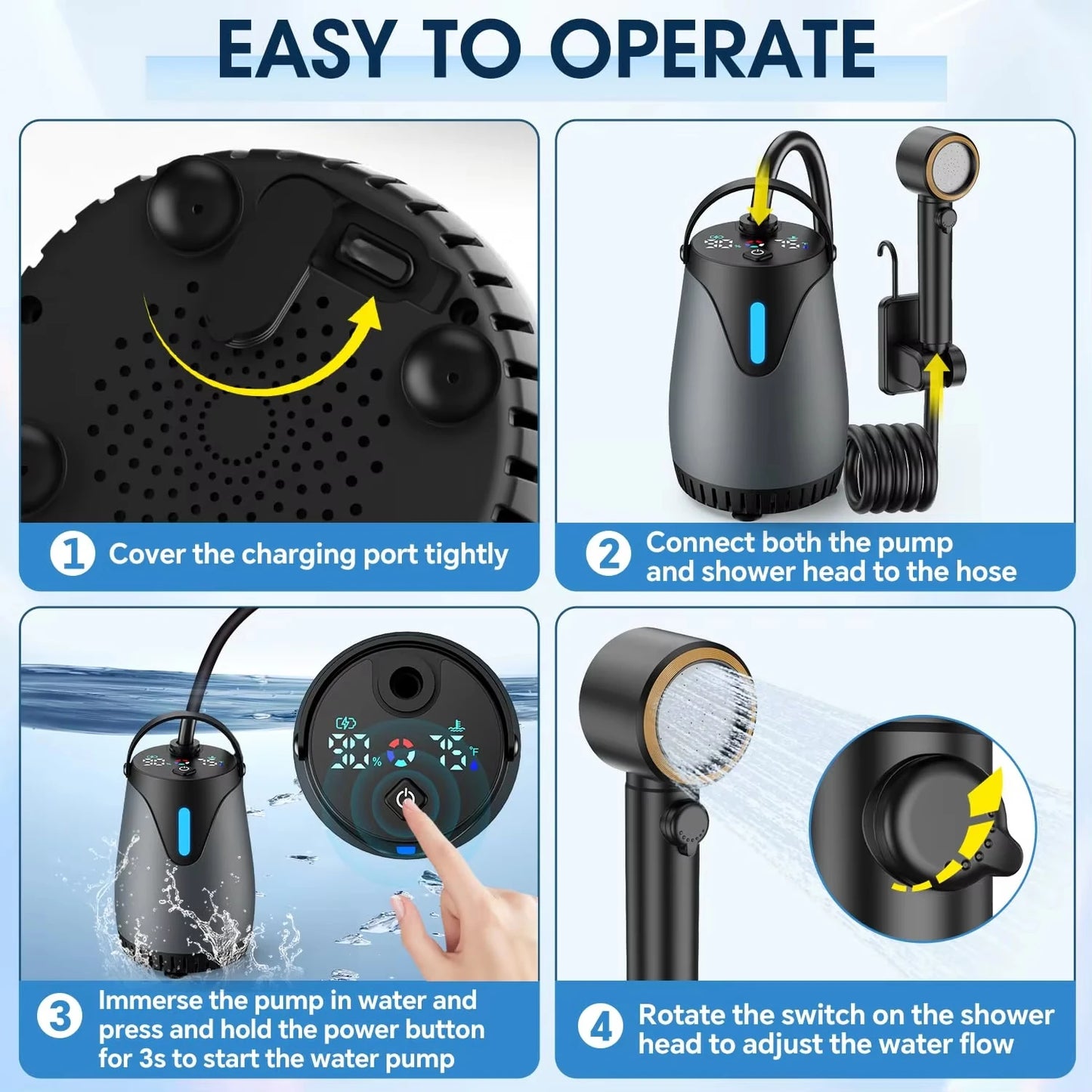 8000mAh Portable Camping Shower Kit Rechargeable Waterproof Outdoor Pump with Intelligent LED Display for Travel Car Pet