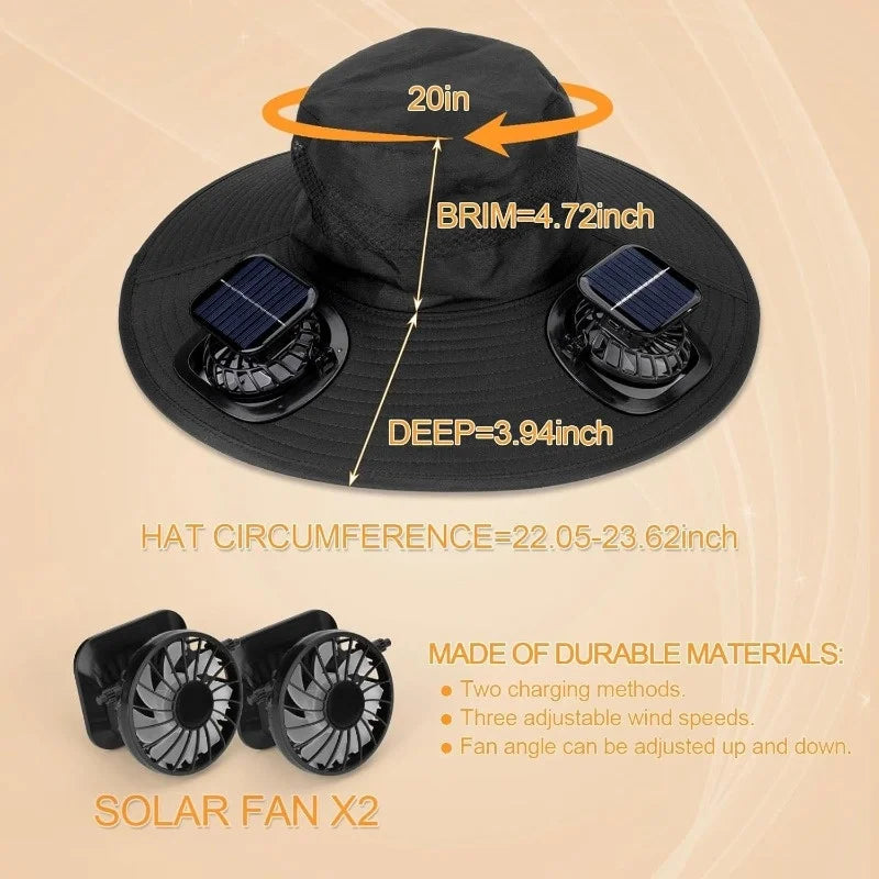 Solar-Powered Dual-Fan Cooling Sun Hat—Unisex Outdoor Wide-Brimmed Fisherman's Hat with UV Protection. Breathable Mesh Fabric Prevents Sweat Buildup. Ideal for Hiking, Fishing, Camping, and Cycling. Cool Hat for Summer Outd