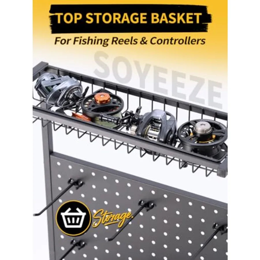 Fishing Rod Holder Rotating Fishing Pole Holders for Garage 12- Rod Storage Cart with Pegboard for Fishing Gear Equipment and T