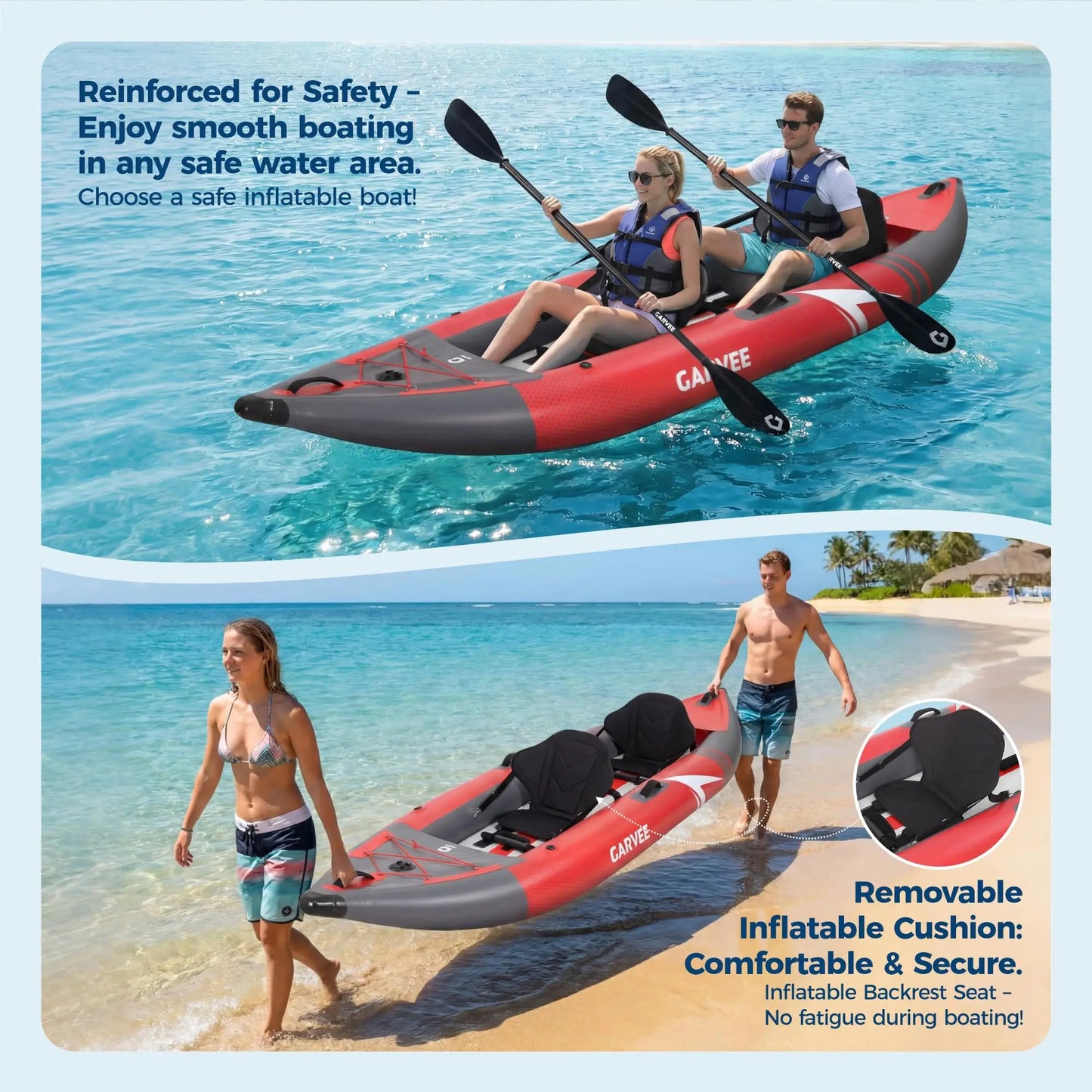 12.5FT 2 Person Drop Stitch Inflatable Kayak, 450 LBS Load Portable Inflatable Touring & Fishing Kayak for Adults, Complete Kit with 2 Padded Seats, 3 Tracking Fins, Carry Bag & Repair Patch Kit