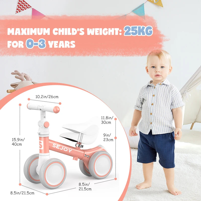 SEJOY Baby Balance Bike Ride Toy for 1-3 Year Adjustable Seat,,Pedal-free 4-Wheels Baby Toddler, Sturdy Steel Frame, Non-Slip Handles, Soft PU Seat, Indoor Outdoor Play, First Birthday Gift for Toddler Boys Girls