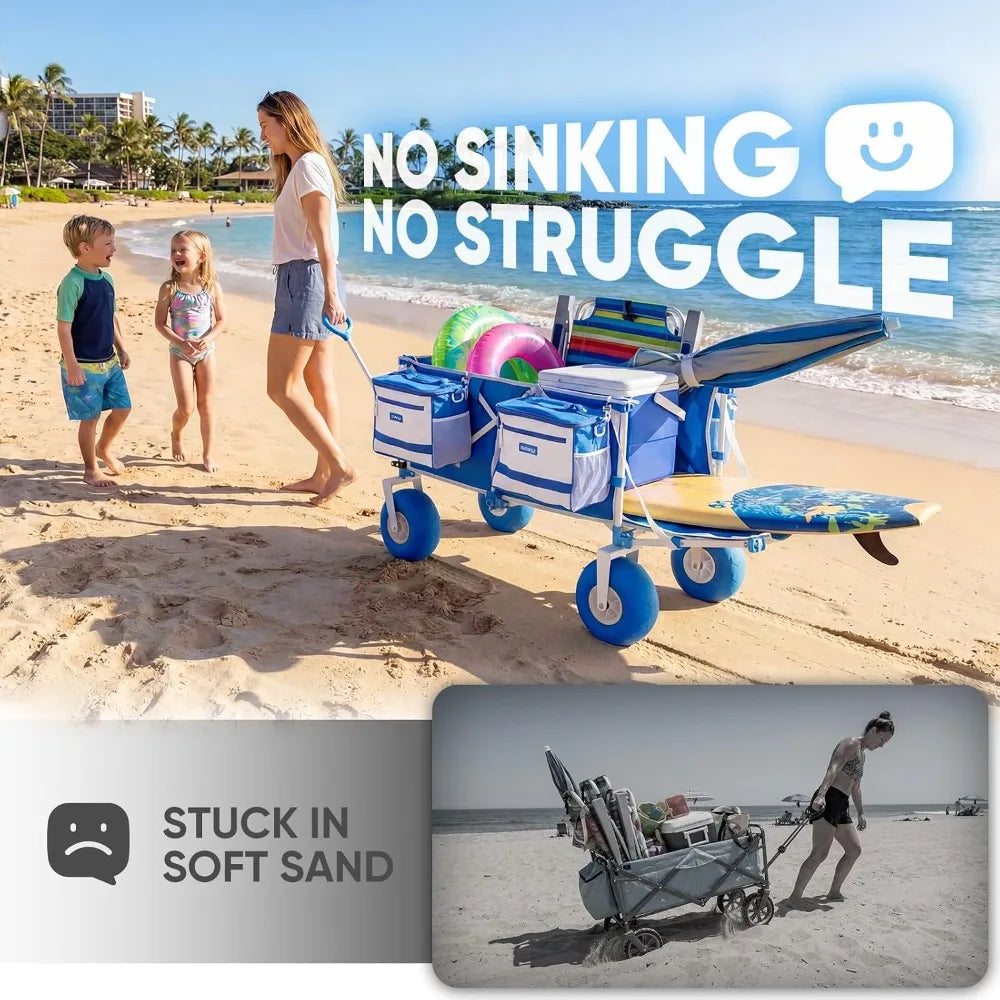 Heavy Duty Beach Wagon with 9" Sand-Proof Wheels, 300L Foldable Cart, Adjustable Handle, Cooler Bag for Camping