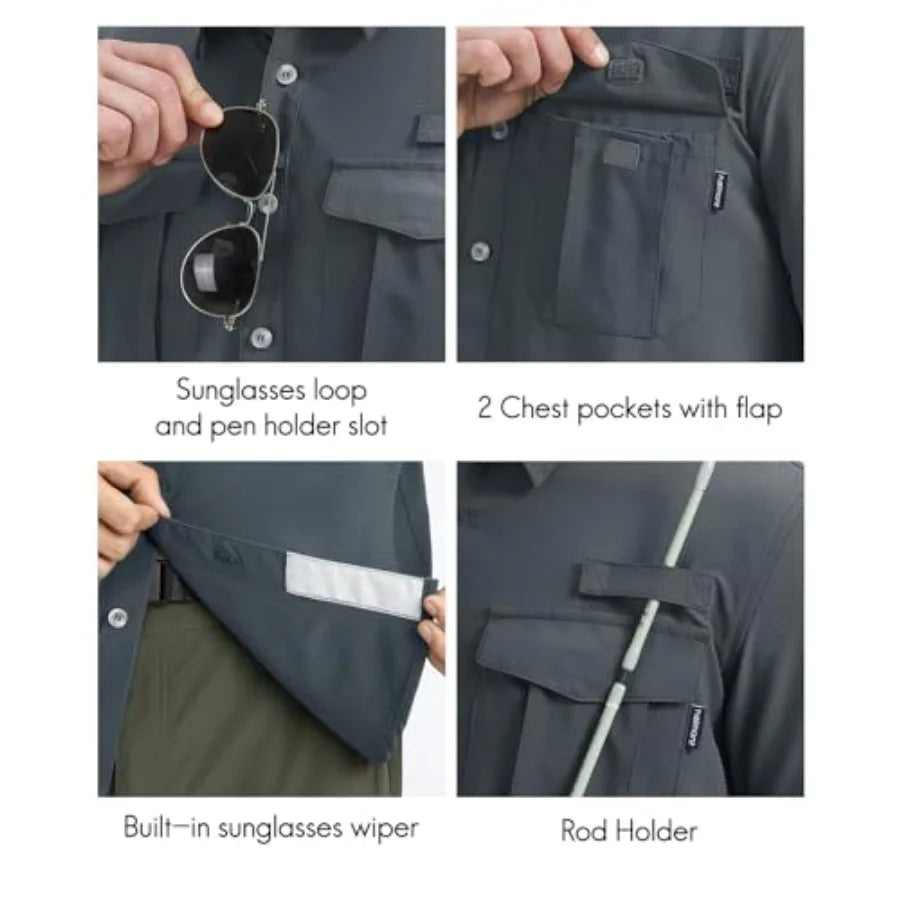 Haimont Men's UPF50+ Sun Protection Fishing Shirts Hiking Travel Shirts Button Down Long Sleeve Shirts with Pockets