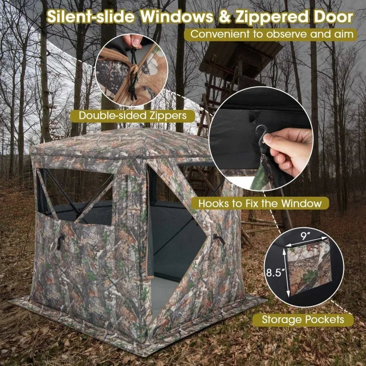 2-3 Person Hunting Blind Portable Pop Up Camouflage Ground Tent W/Storage Pocket