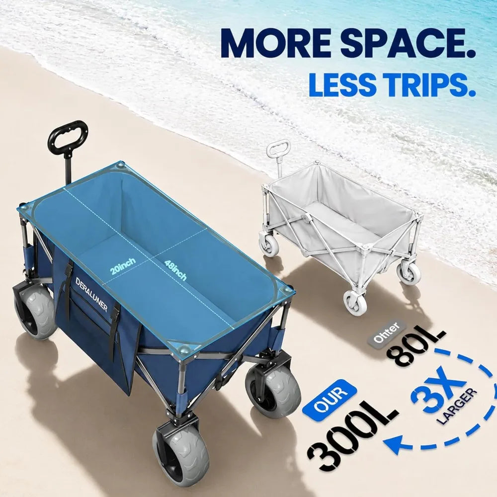 300L Heavy Duty Beach Wagon with Sand-Proof All-Terrain Wheels, Foldable Utility Cart for Camping & Sports (Navy Blue)