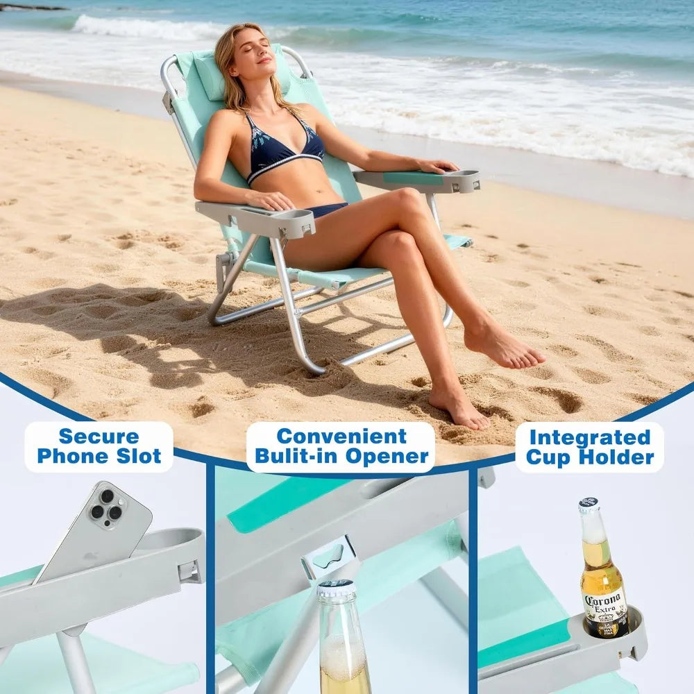 Extra Wide Low Beach Chair 5 Position Lay Flat 500 LBS Heavy Duty XL Portable Folding Camping Chair with Cup Holder for Outdoor