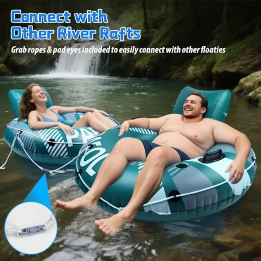 Pool Float Adult, Inflatable River Tube Float, River Tubes for Floating Heavy Duty with Mesh Bottom, Comfortable Backrest and 2
