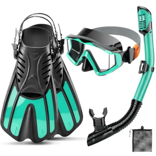 3 Window Snorkeling Gear for Adults, 4 in 1 Snorkel Mask Fins Set with Snorkel Mask, Dry Top Snorkel, Adjustable Short Fins and