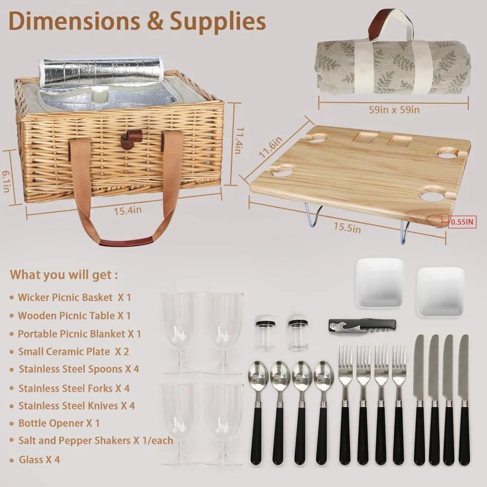 Wicker Picnic Basket Set for Four with Folding Wine Table Insulated Cooler and Cutlery Kit