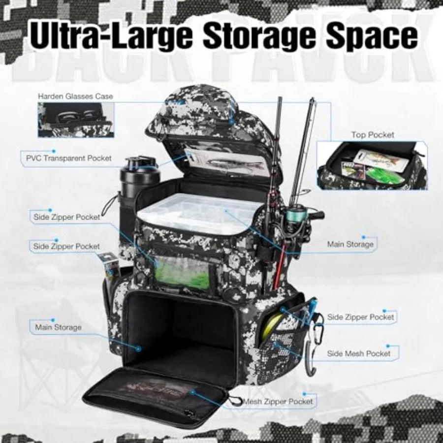 Fishing Tackle Backpack with Rod Holders and 4 Tackle Boxes, 42L Outdoor Fishing Bag with Waterproof Rain Cover