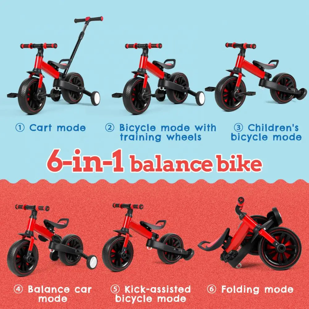 Kids Balance Bike 2-5 Years 6 in 1 Folding Push Bicycle with Training Wheels Pedals Brakes Kickstand for Boys Girls