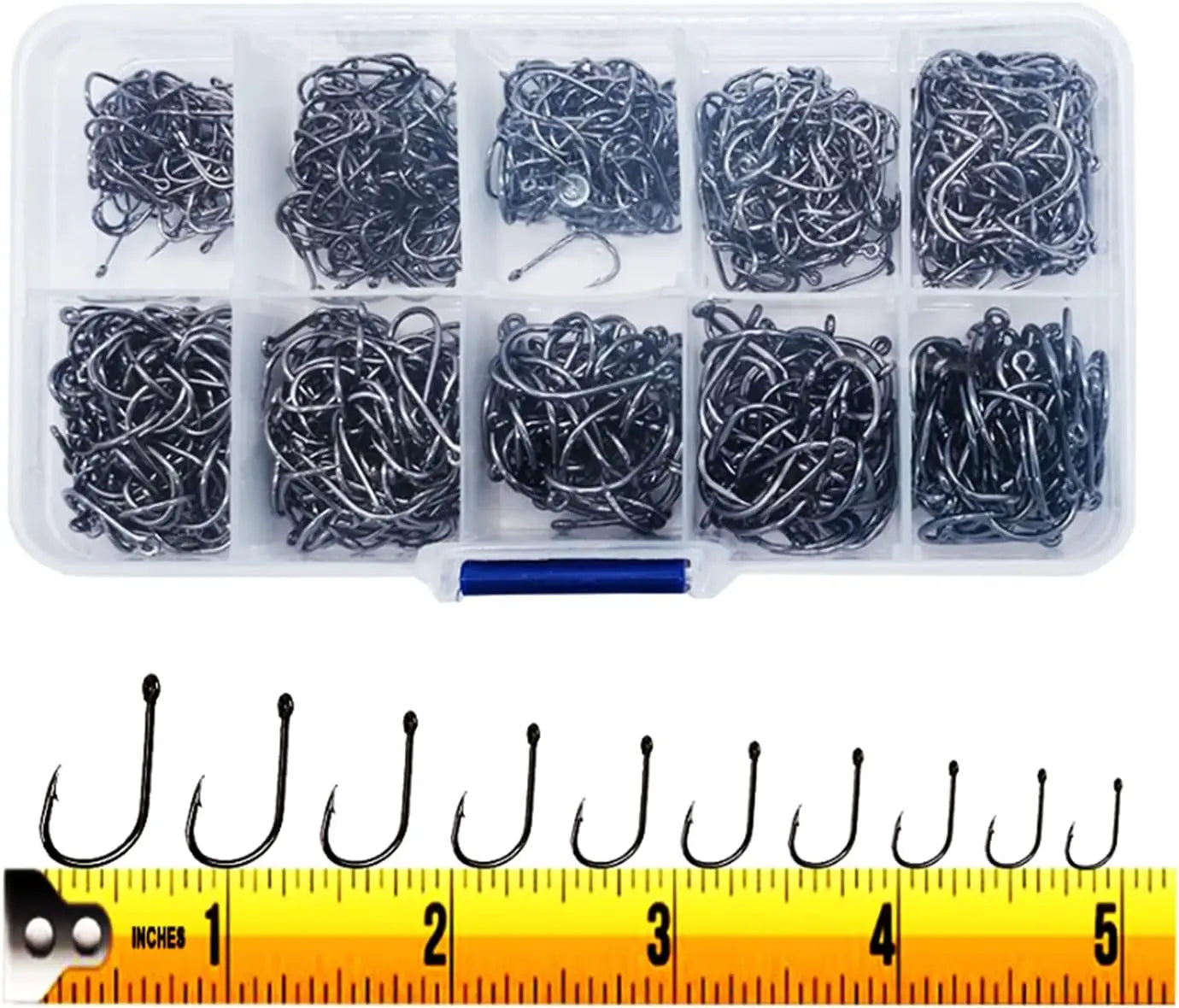 300PCS High-Carbon Steel Barbed Fishing Hooks, 10 Sizes, Portable Box