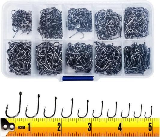 300PCS High-Carbon Steel Barbed Fishing Hooks, 10 Sizes, Portable Box