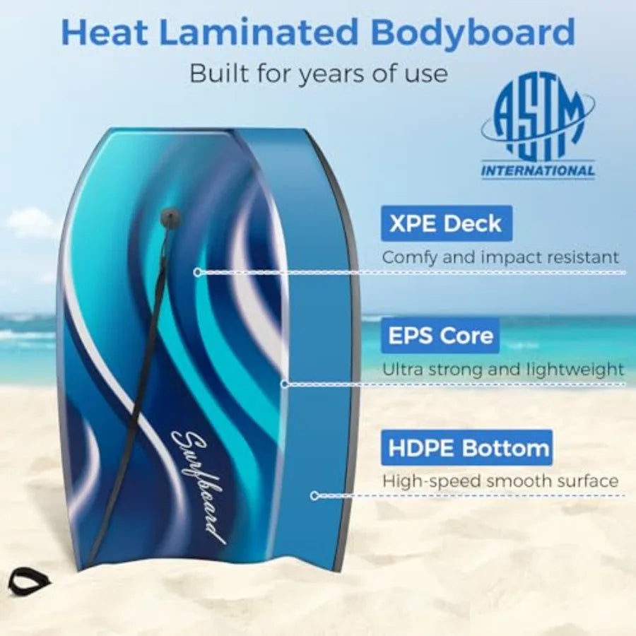 41'' Lightweight Body Board for Beach, Surf Board with EPS Core, XPE Deck, HDPE Slick Bottom, Wrist Leash, Bodyboard for Kids Adults Surfing