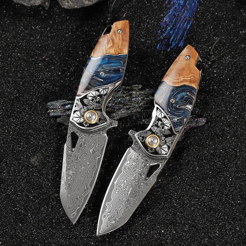 High-Quality Men's and Women's Folding Pocket Knife, Damascus Steel Pocket Knife, Wooden Handle, Camping Survival Adventure EDC