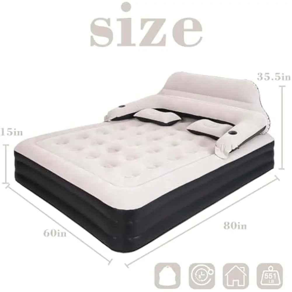 Queen Size Air Mattress with Adjustable Headboard and Pump, Inflatable Bed Blow Up Mattress, Mattress