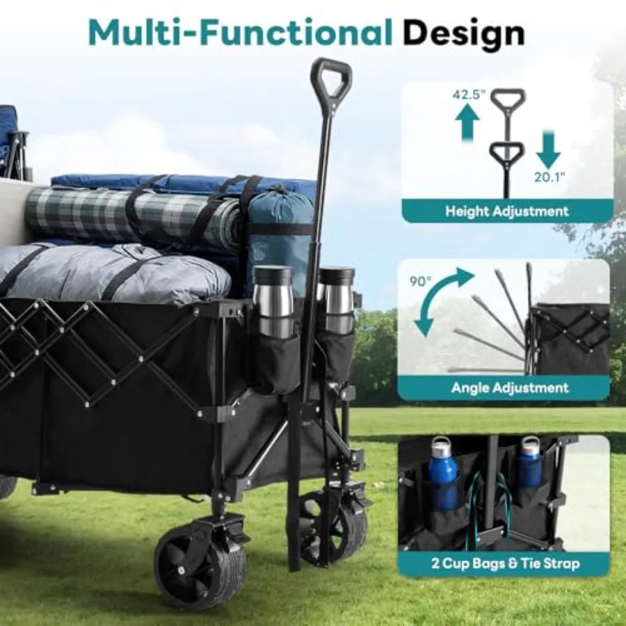 Collapsible Wagon Cart for camping, shopping, sports, beach, garden heavy duty steel, black, 440lbs capacity, 49 extra long fol