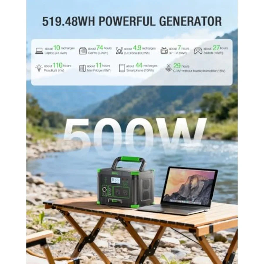 500W Portable Power Station with 100W Portable Solar Panel 20V, Outdoor Solar Generator 500W Peak 1000W Backup Battery Pack Sol