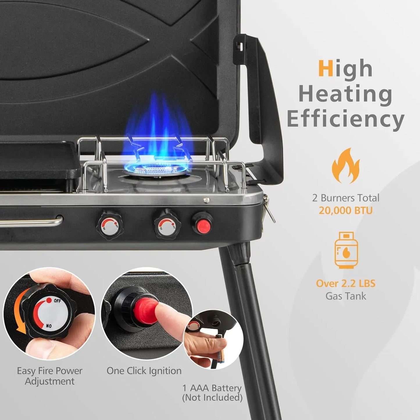 20,000 BTU Portable Propane Grill & Camping Stove, 2-in-1 BBQ Cooker with Wind Guard, Detachable Legs, for Outdoor Cooking