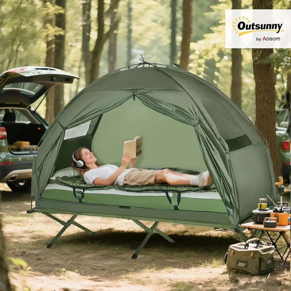 Camping Tent Cot, 6-in-1 olding Tent Cot Combo with Mattr, Pillow, Sleng Bag, Bed Cover, Roller Carrying Bag, O Ground Travel Ca