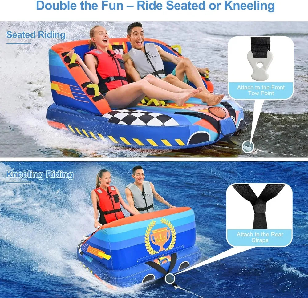 2-Person Inflatable Towable Tube for Boating - Heavy Duty with Dual Tow Points, Nylon Cover