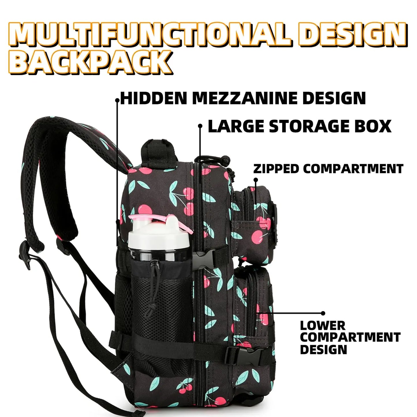 9L Cherry Print Tactical Backpack For Adults Hiking Fitness Small Utility Bag