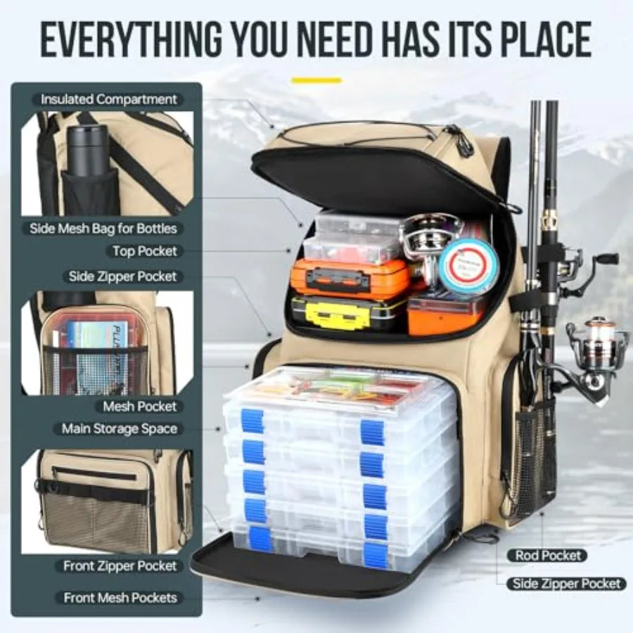 Cooler Fishing Backpack with Rod Holders 45L Large Water-resistant Fishing Tackle bag Store Fishing Gear Fishing Gifts for Men