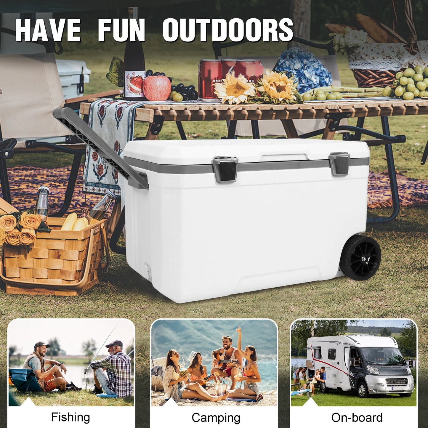 70L Camping Cooler Hard Shell Portable Car Wheel Insulator Plastic Cooler Box 30 Percent Lighter Than Rotomolded for BBQ Camping