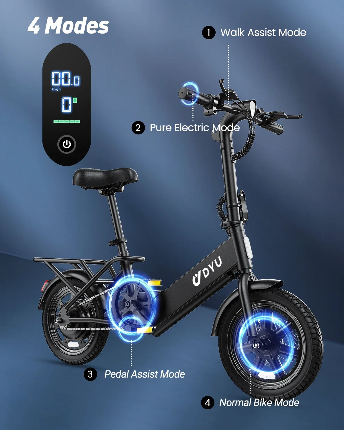 DYU C3 14" Folding Electric Bike | 500W Peak, 20mph City E-Bike
