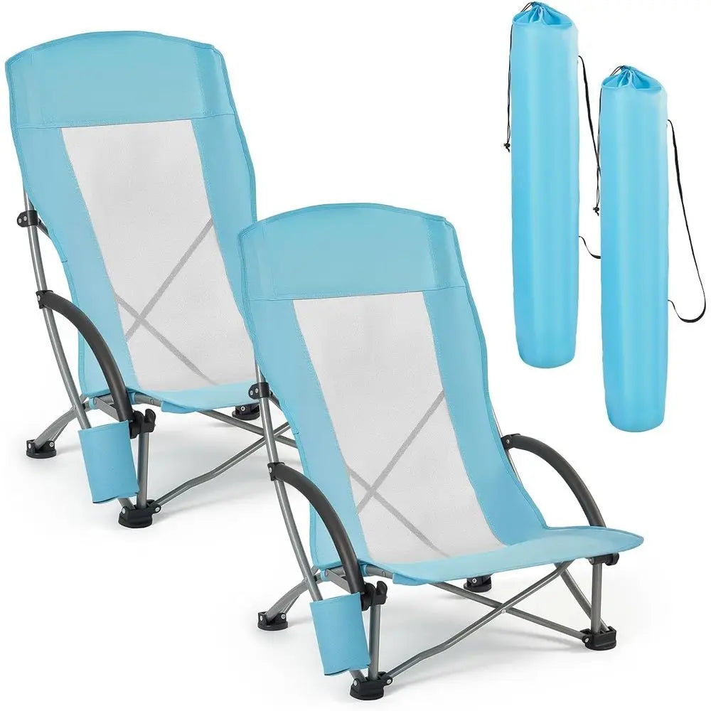 Portable High-Back Beach Chairs with Cup Holder, Mesh Back, Carry Bag, Extra Wide Seat, 330 lbs Support, Ideal for Outdoor and C