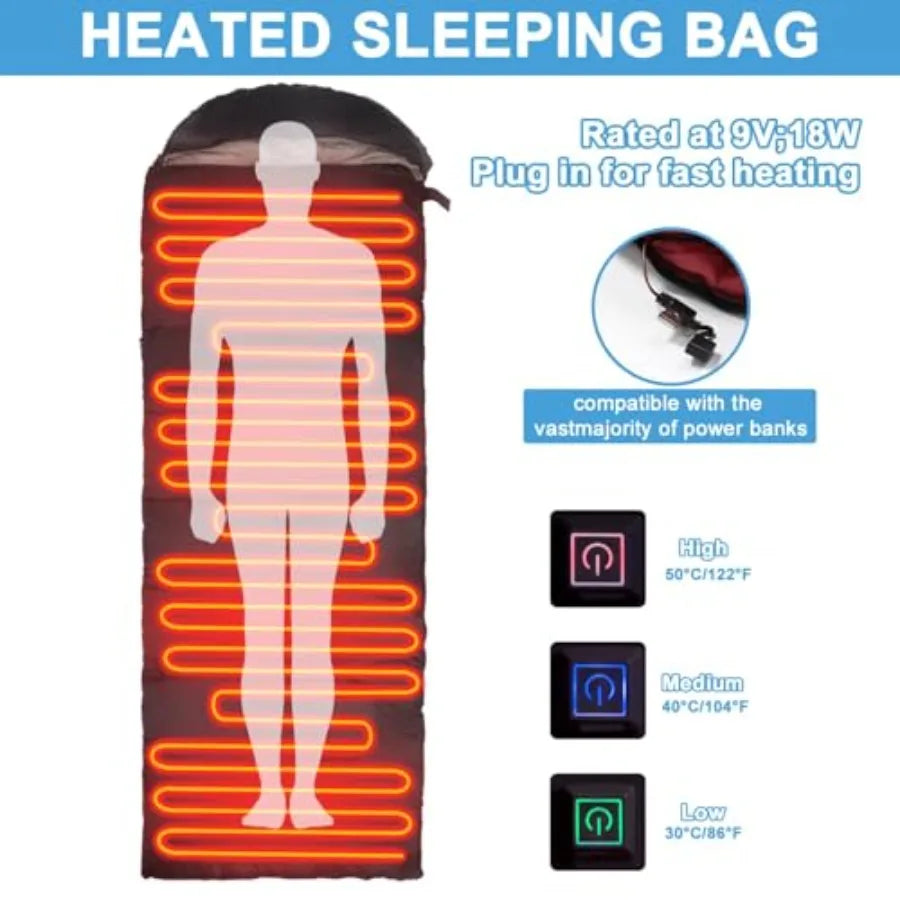 Heated - Portable USB Power Warm Sleeping Bag for Camping with 4 Heating Zones, Cold Weather Sleeping Bag for All Season Campin