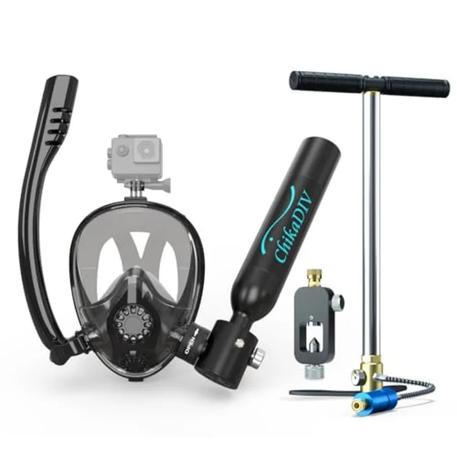 Snorkeling mini scuba tank with sub-mask, 0.5L aluminum diving tank, black, DOT-certified pony bottle with full-face underwater