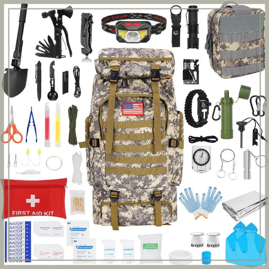 Survival Gear Kit with 70L Backpack & First Aid, 38-Piece Outdoor Camping Set for Hiking Adventure