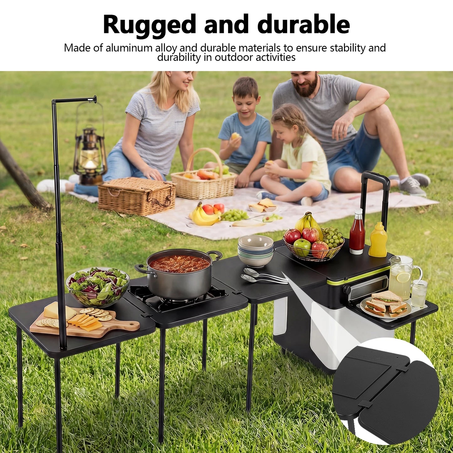 Portable Folding Kitchen Table with Wheels Camping Kitchen Table Cookware Table with Light Poles for RV Tailgating BBQ Picnic