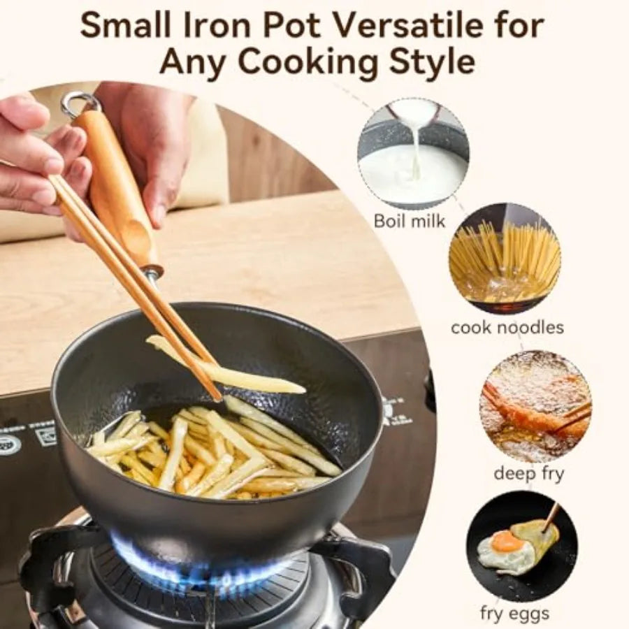 1.5QT iron saucepan with lid for ramen boiling, hammered milk pot in matte black, removable wood handle for camping storage, in