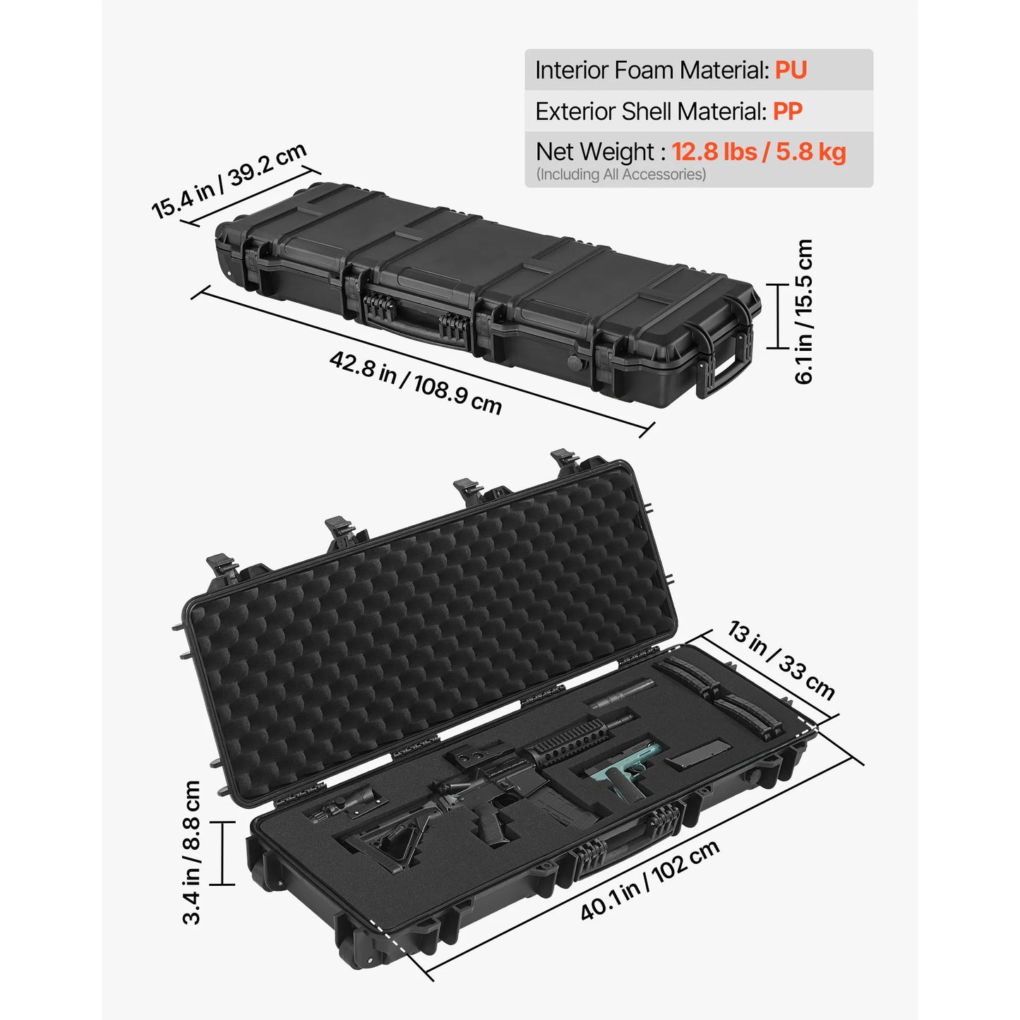 Hard Rifle Case Lockable Rifle Case with Pre-cut Foams Wheels IP67 Waterproof Pistol Storage Cases for Rifles Shotguns